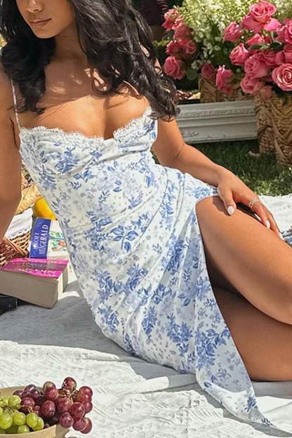 Floral Print Lace Split Cami Dress