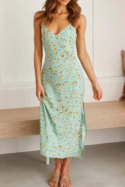 Floral Print Low Cut Slit Cami Dress