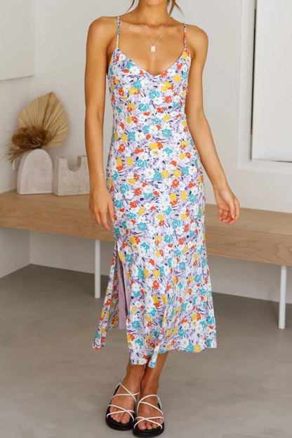 Floral Print Low Cut Slit Cami Dress
