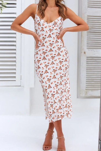 Floral Print Low Cut Slit Cami Dress