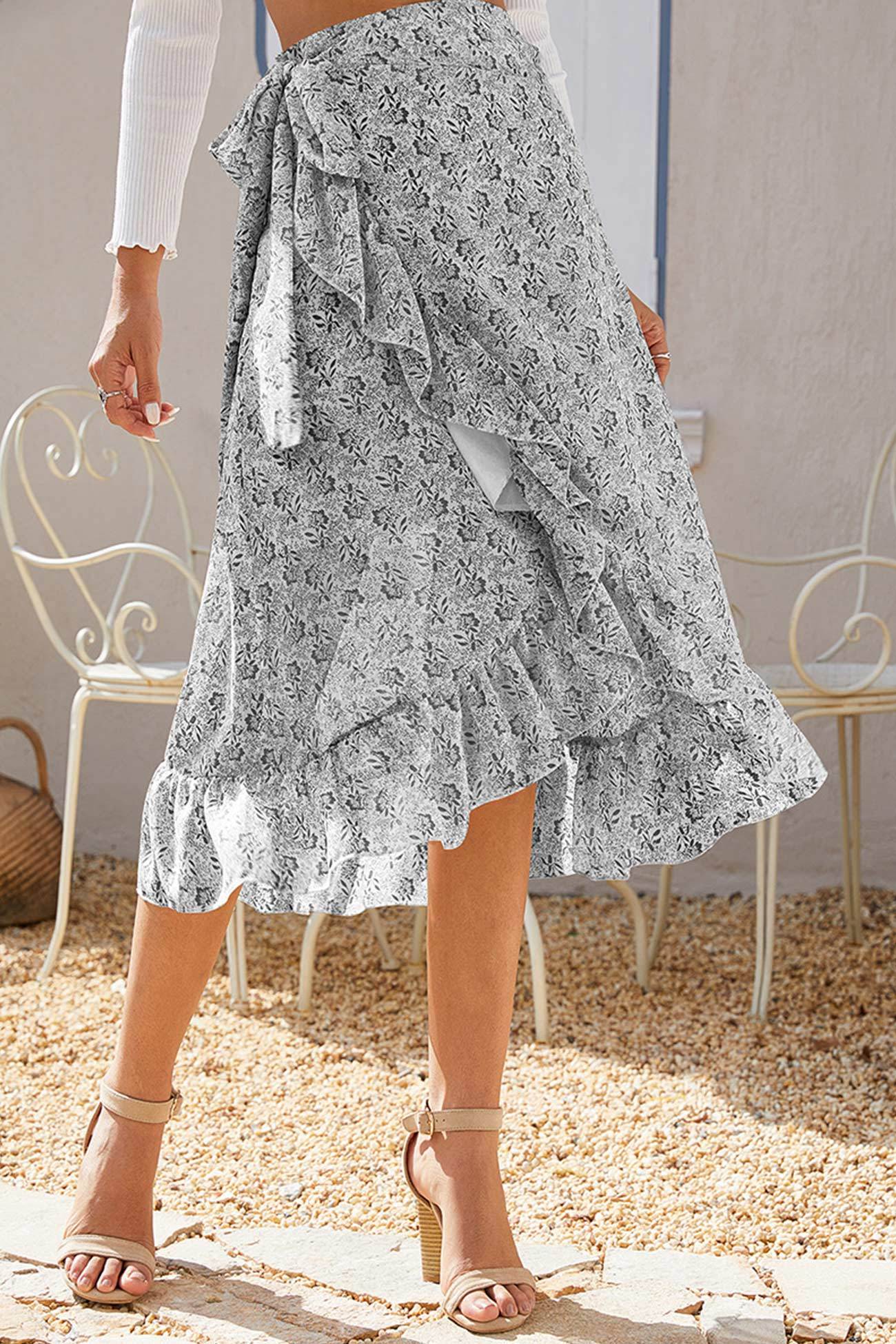 Floral Print Ruffle Slit Midi Skirt