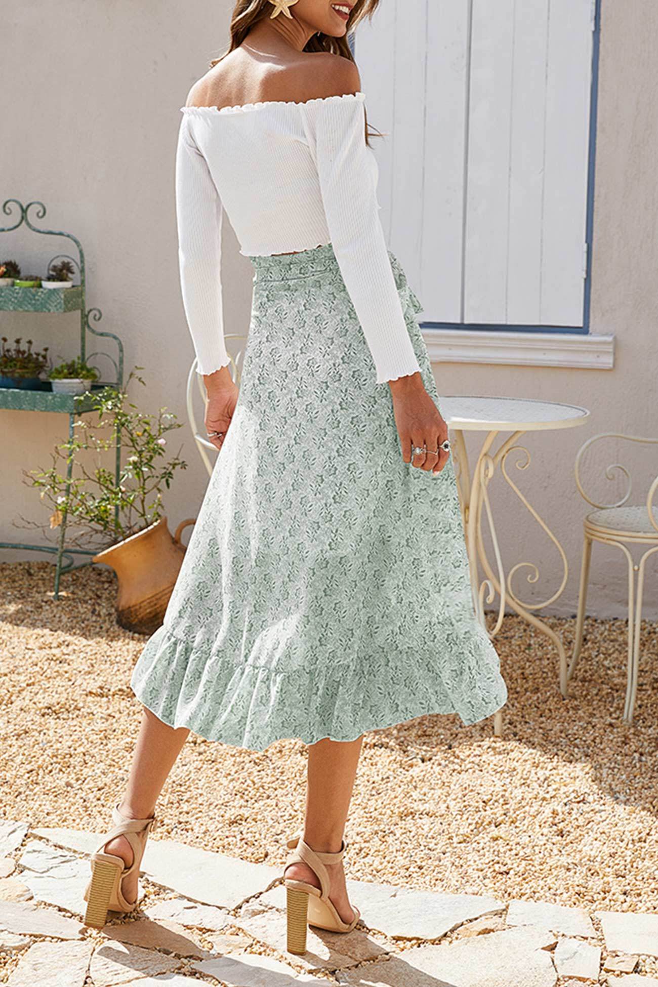 Floral Print Ruffle Slit Midi Skirt