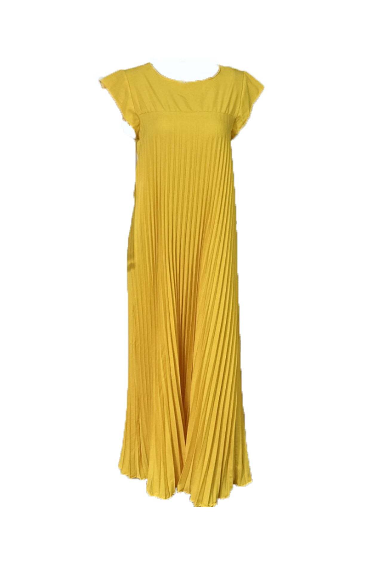 Crew Neck Cap Sleeve Pleated Dress