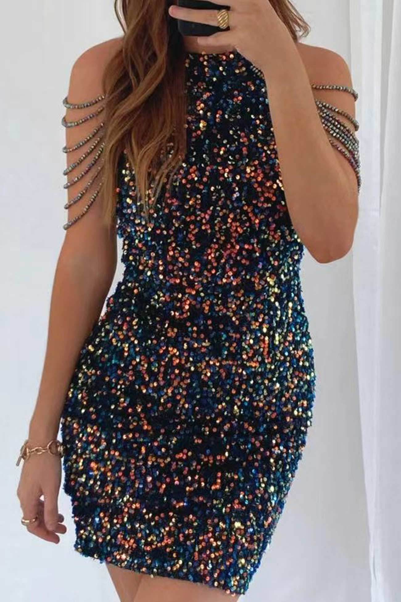 Fringe Shoulder Sequins Pack Hip Mini Dress