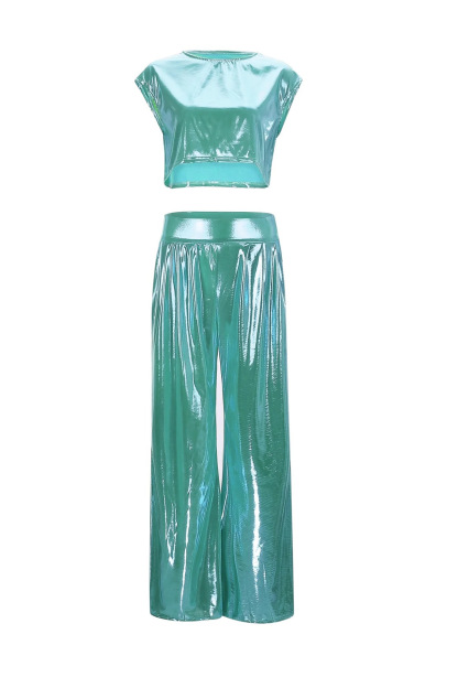 Glossy Vest Wide Leg Pants Set