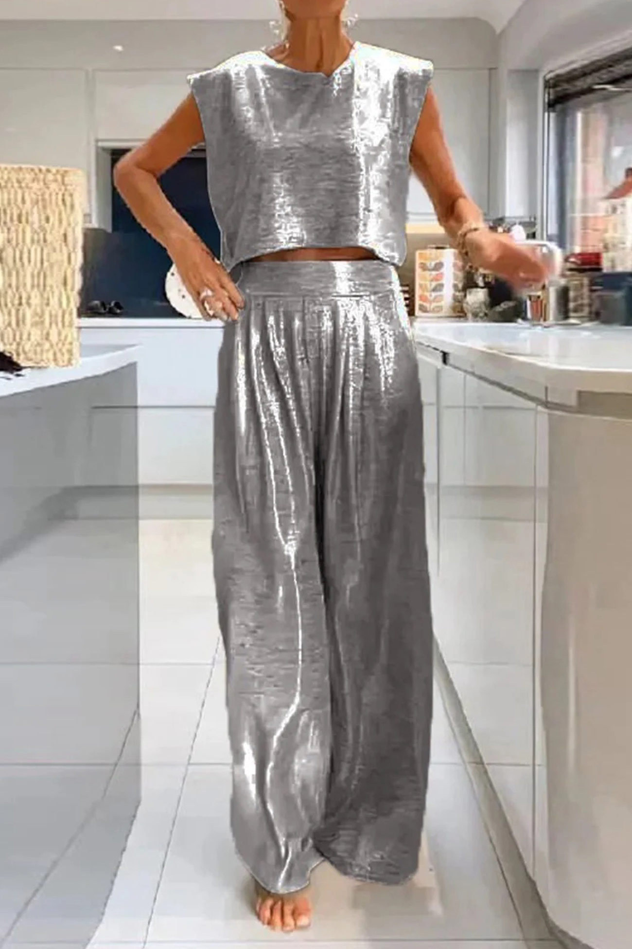 Glossy Vest Wide Leg Pants Set
