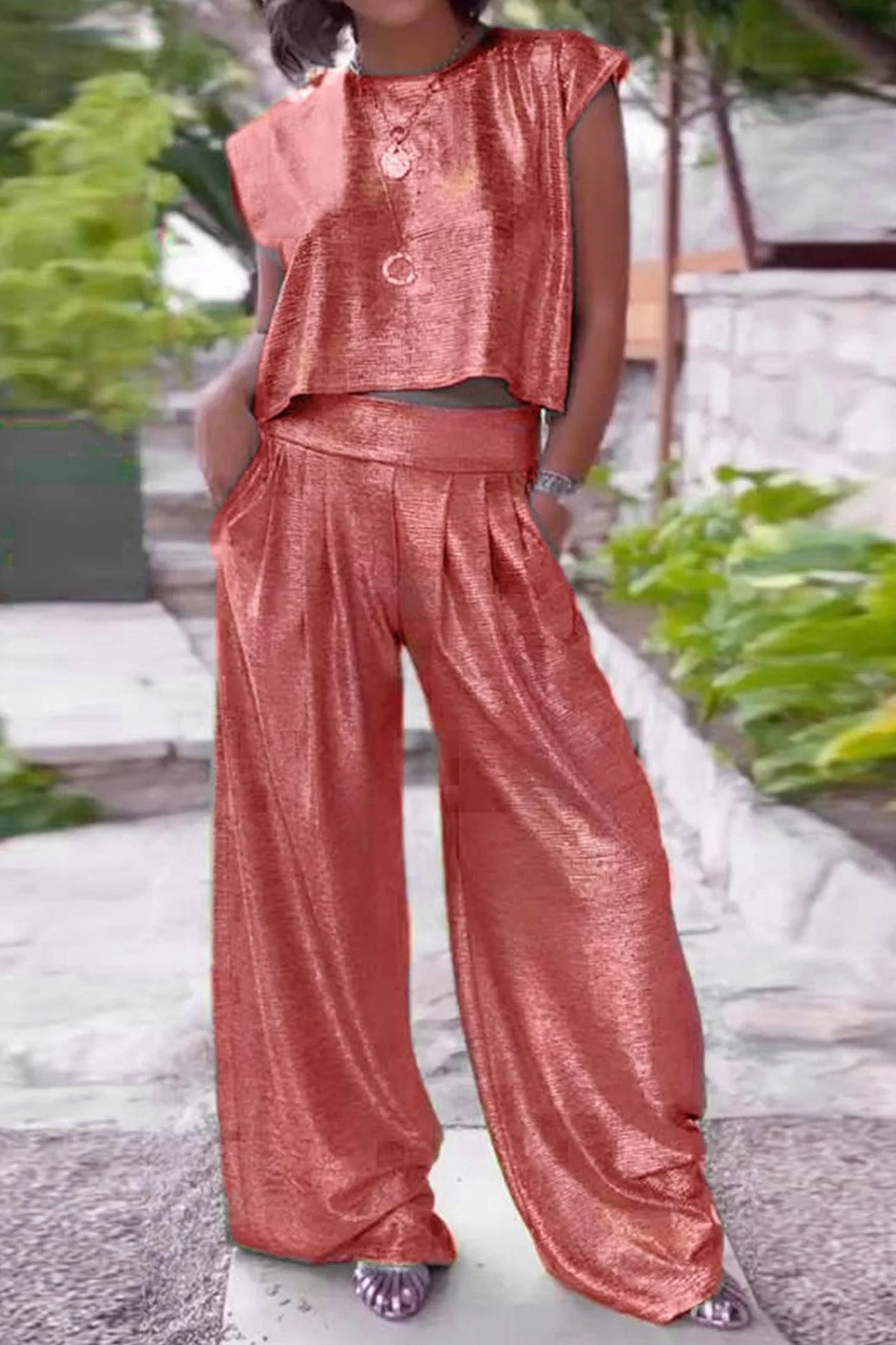 Glossy Vest Wide Leg Pants Set