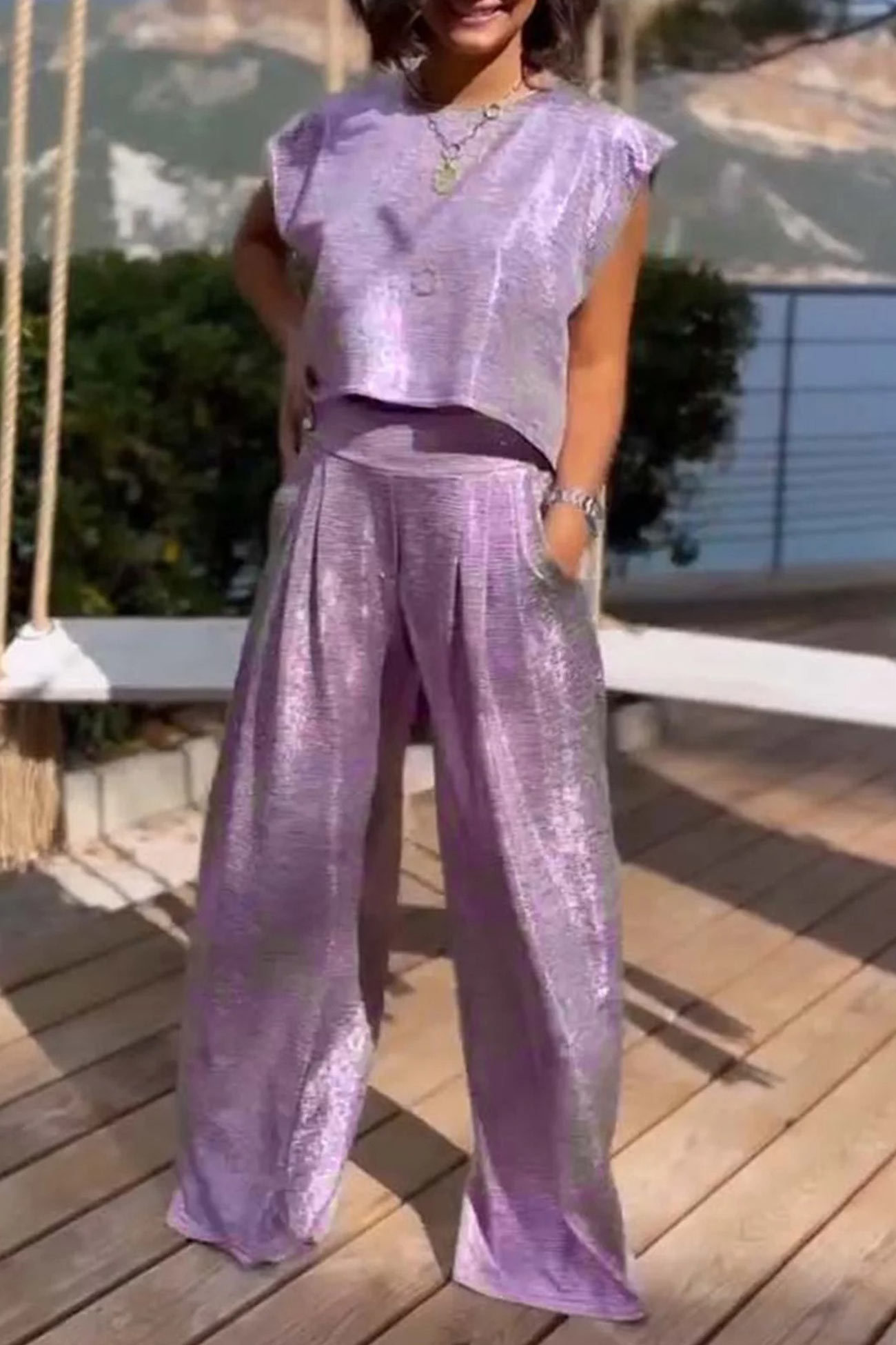 Glossy Vest Wide Leg Pants Set