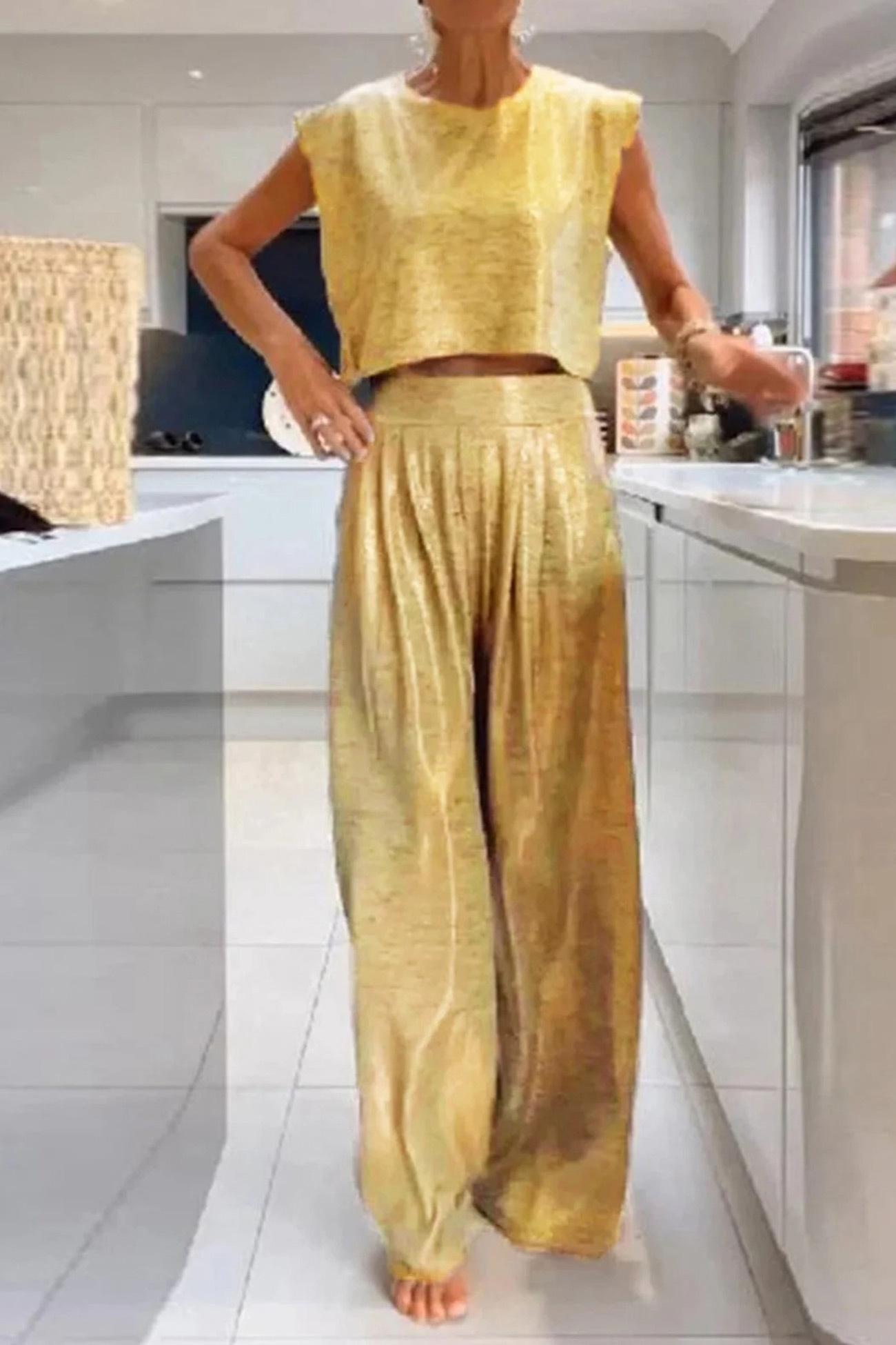 Glossy Vest Wide Leg Pants Set