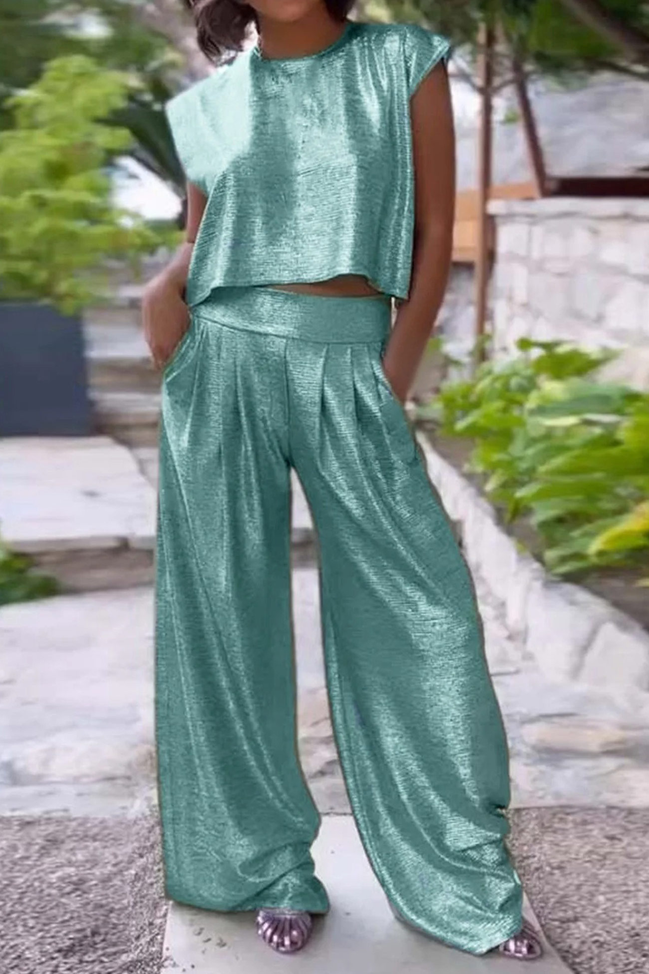 Glossy Vest Wide Leg Pants Set