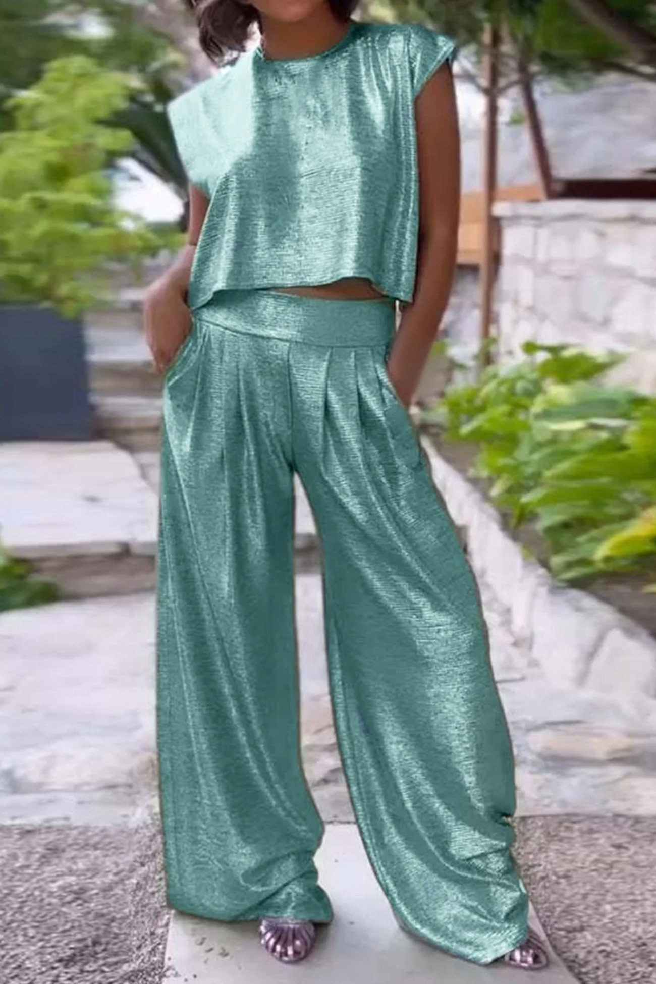 Scoop Neck Button Vest & Wide Leg Pants Set
