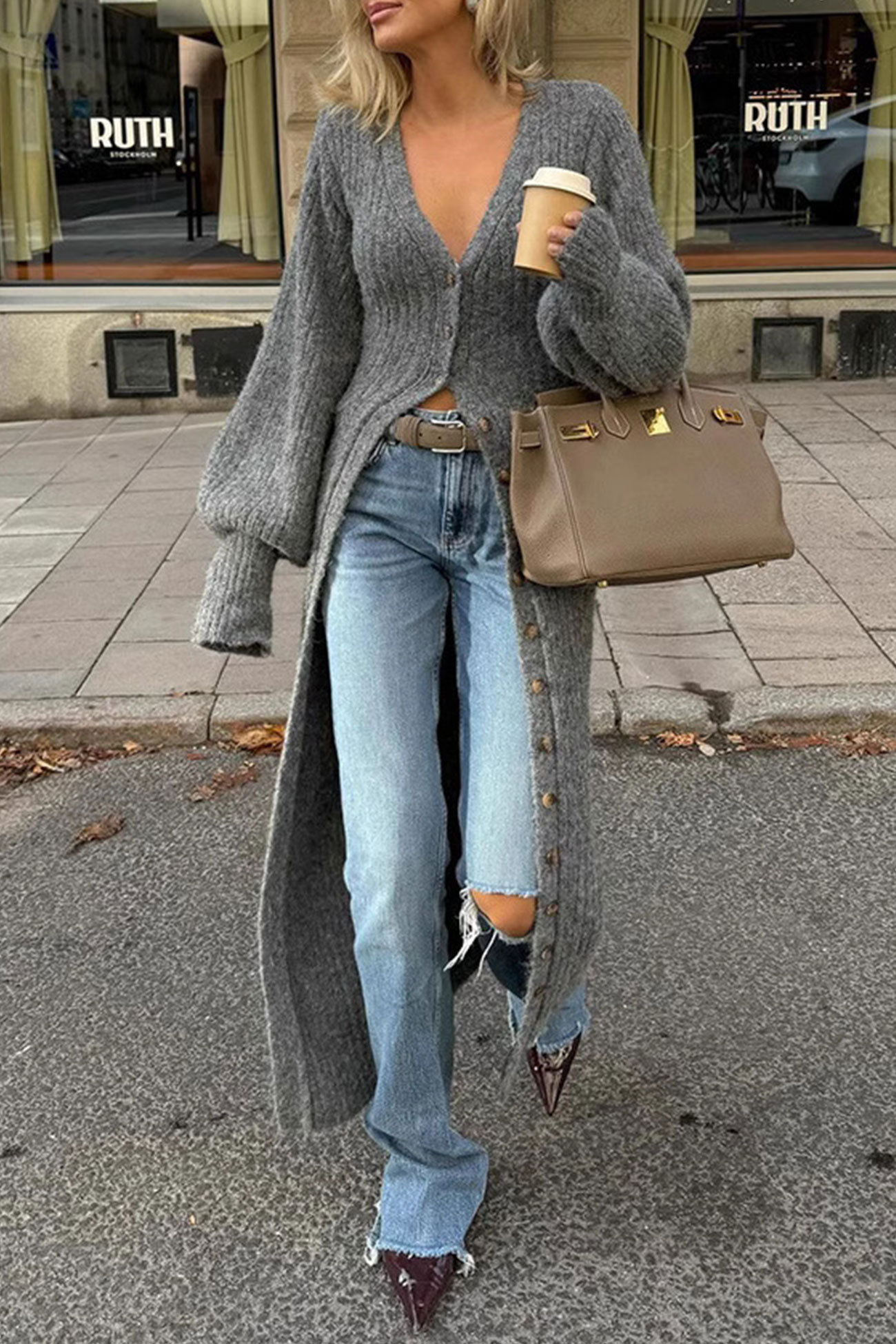 Grey Lantern Sleeve Long Cardigan