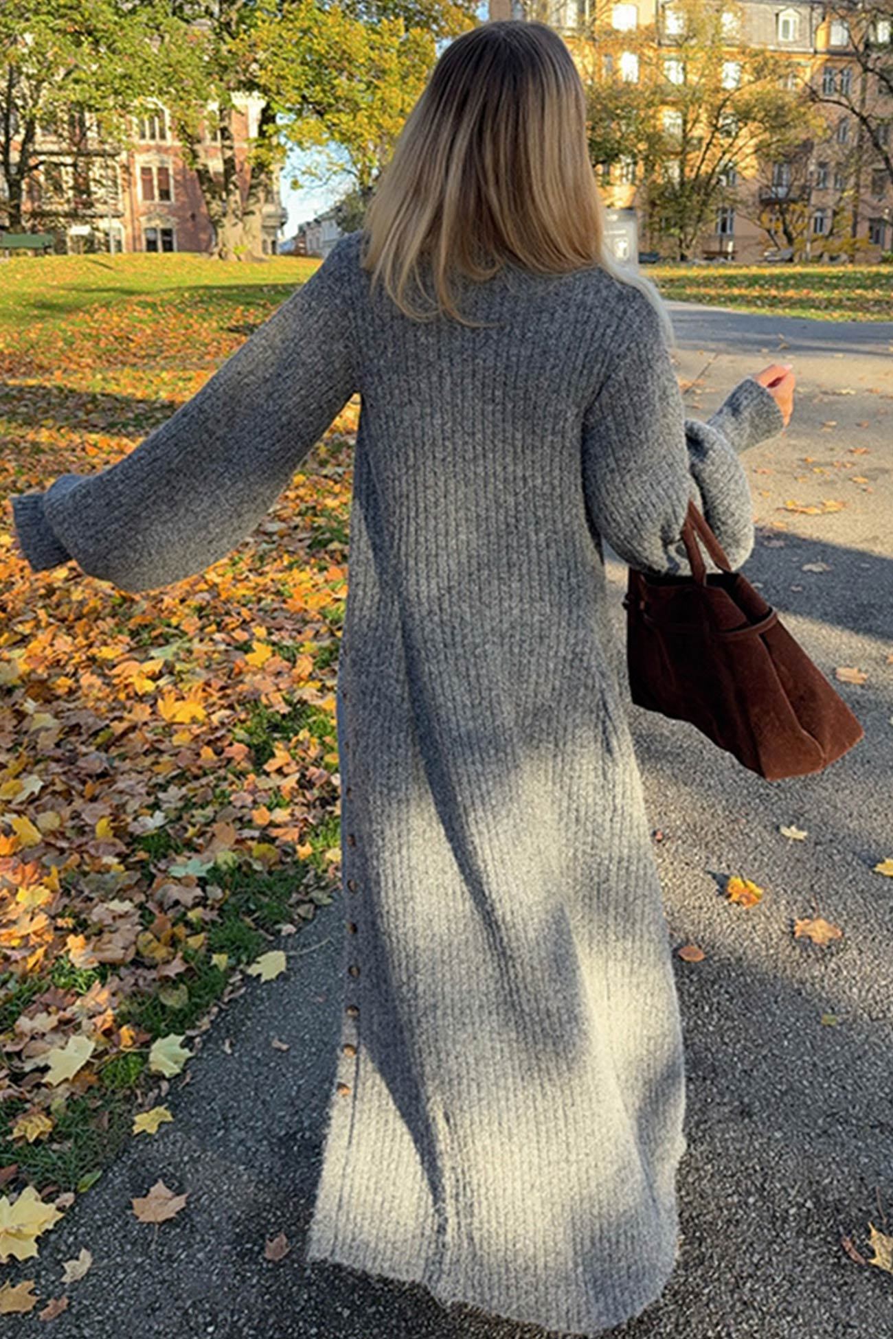 Grey Lantern Sleeve Long Cardigan