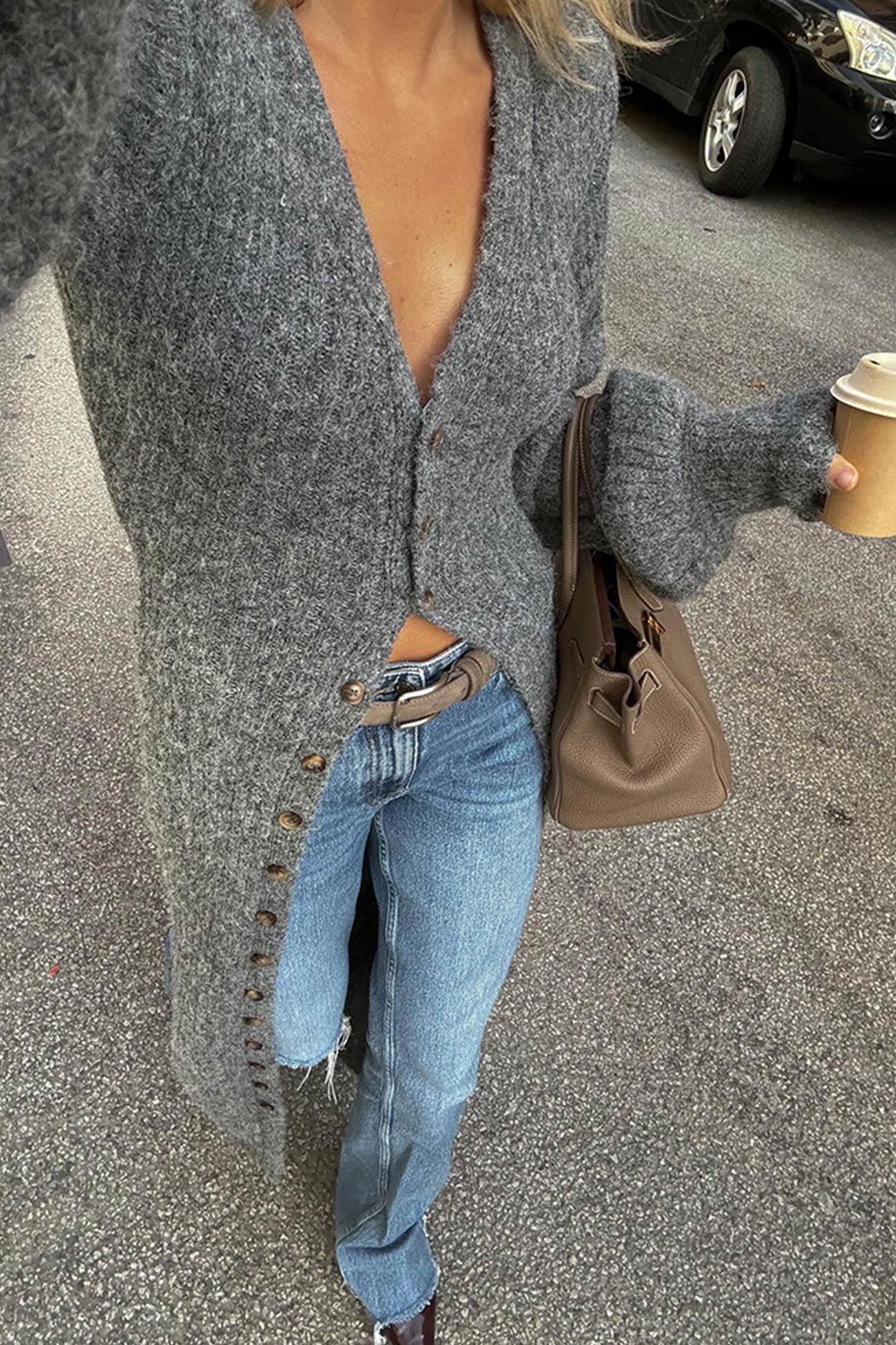 Grey Lantern Sleeve Long Cardigan