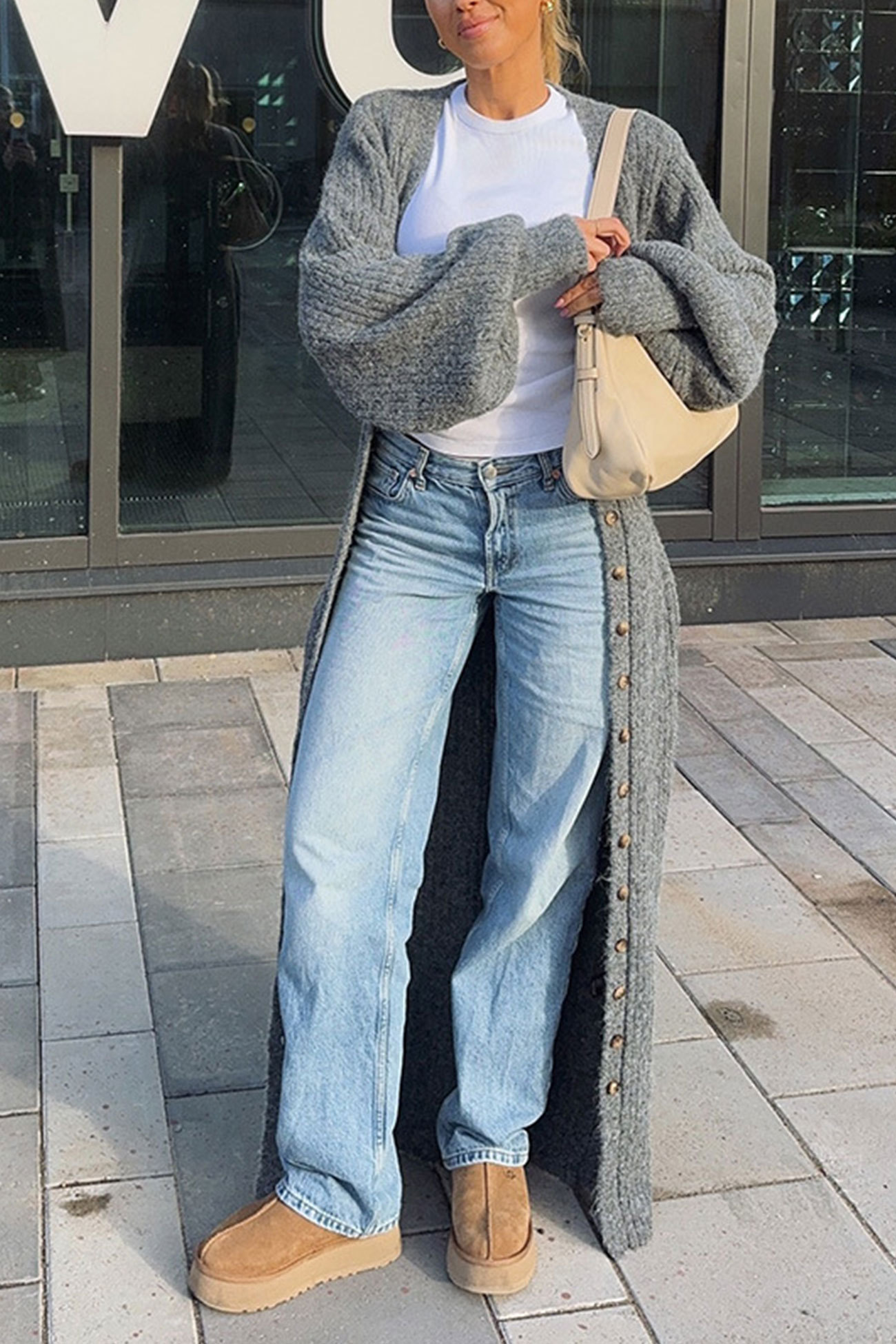 Grey Lantern Sleeve Long Cardigan