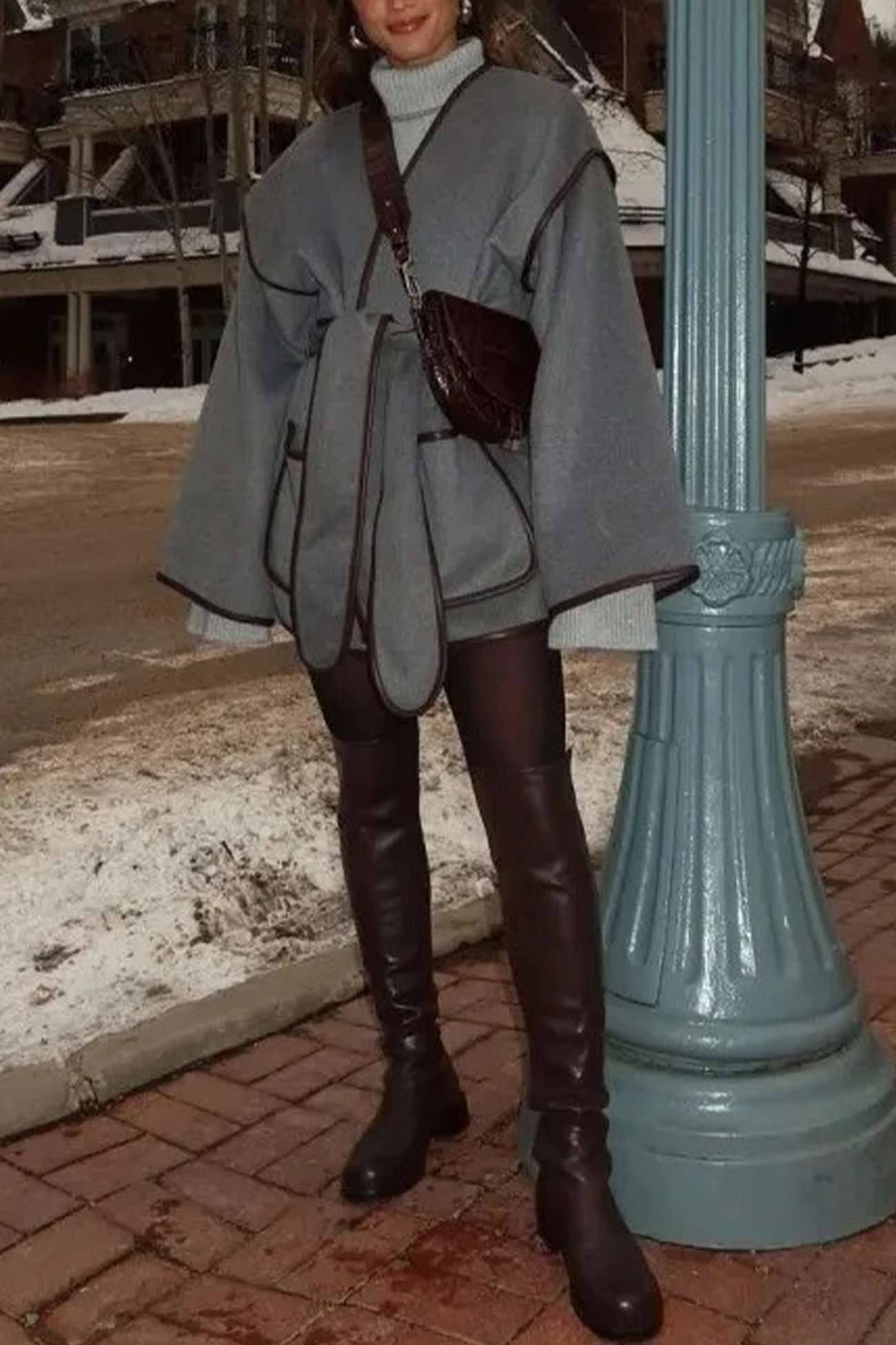 Grey Pocket Belt Blanket Coat