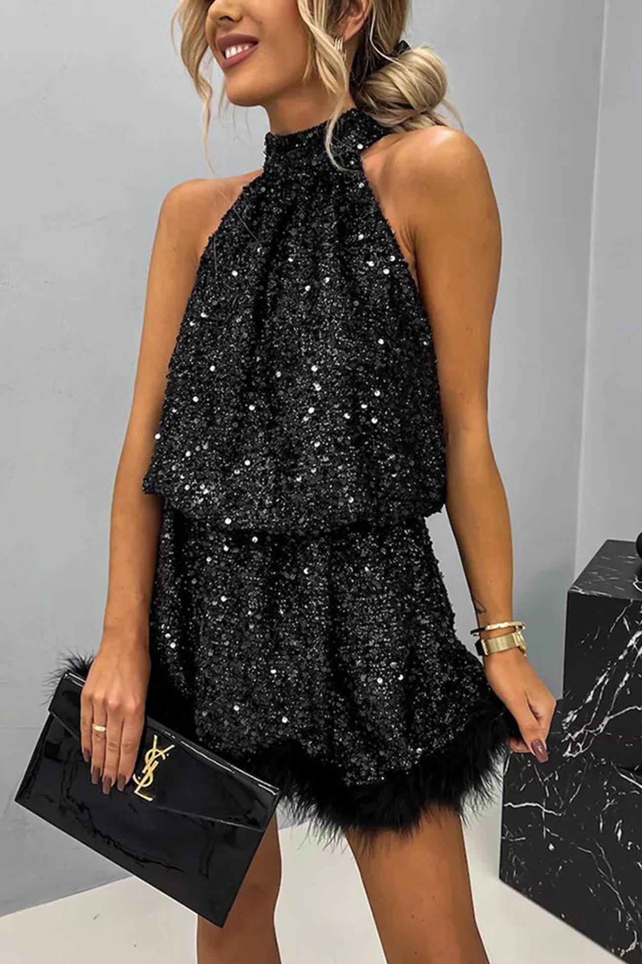 Halter Neck Sleeveless Fuzzy Hem Sequin Dress