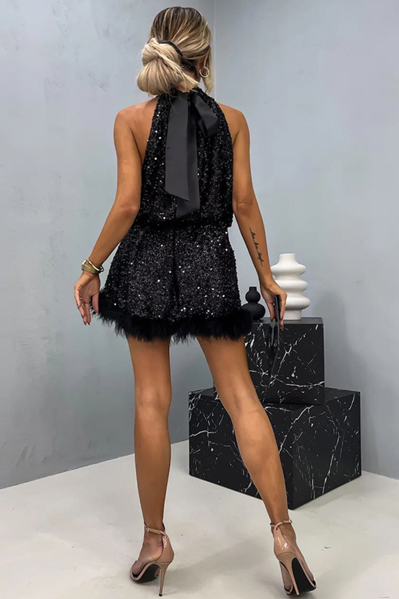 Halter Neck Sleeveless Fuzzy Hem Sequin Dress