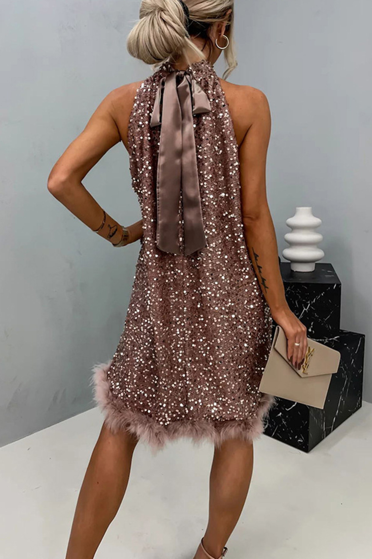 Halter Neck Sleeveless Fuzzy Hem Sequin Dress
