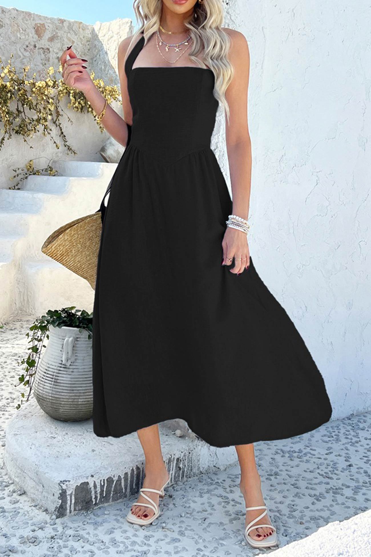 Halter Square Neck High Waist Midi Dress