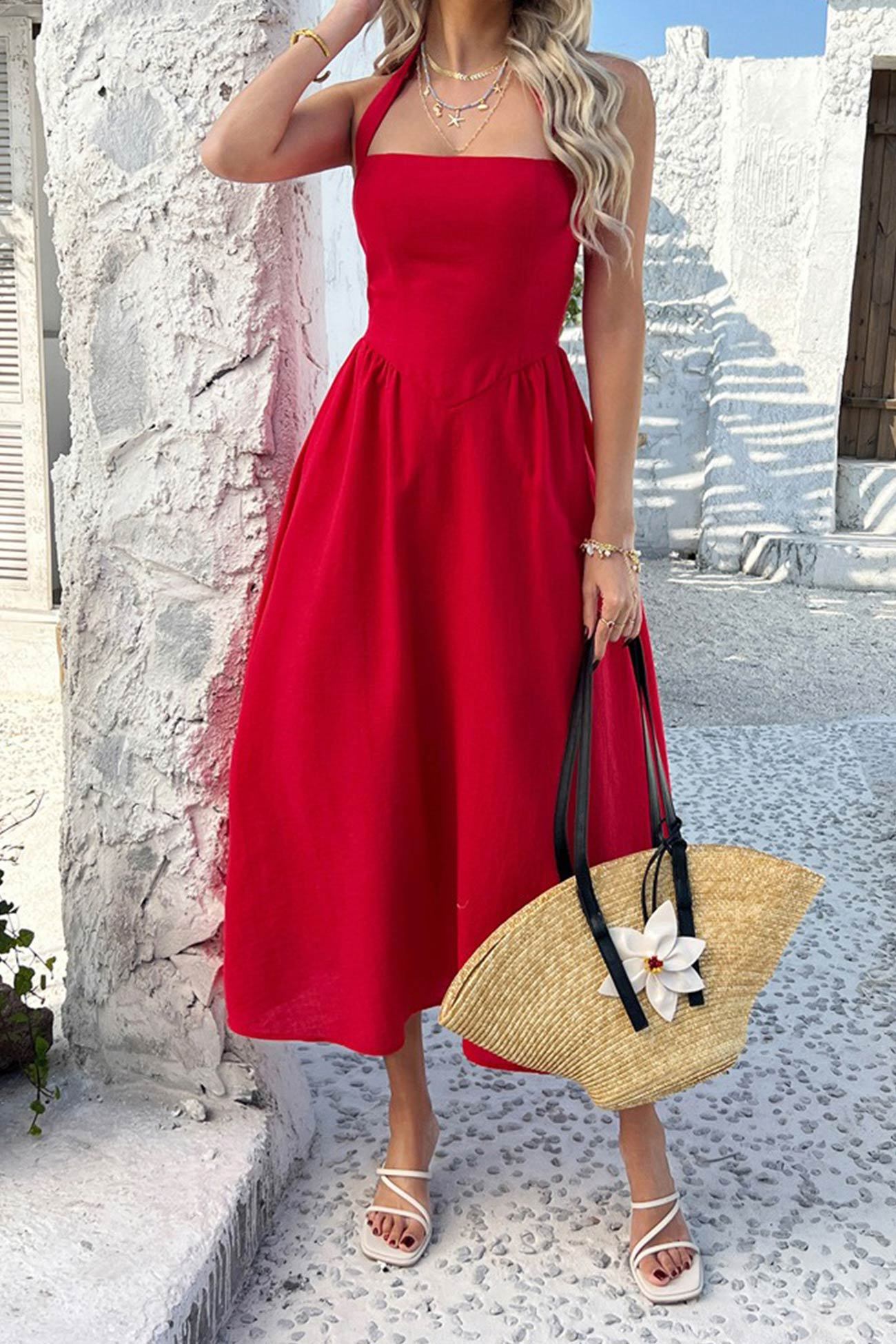 Halter Square Neck High Waist Midi Dress
