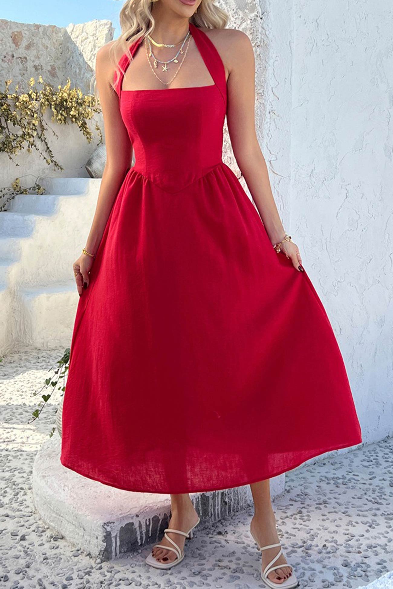 Halter Square Neck High Waist Midi Dress