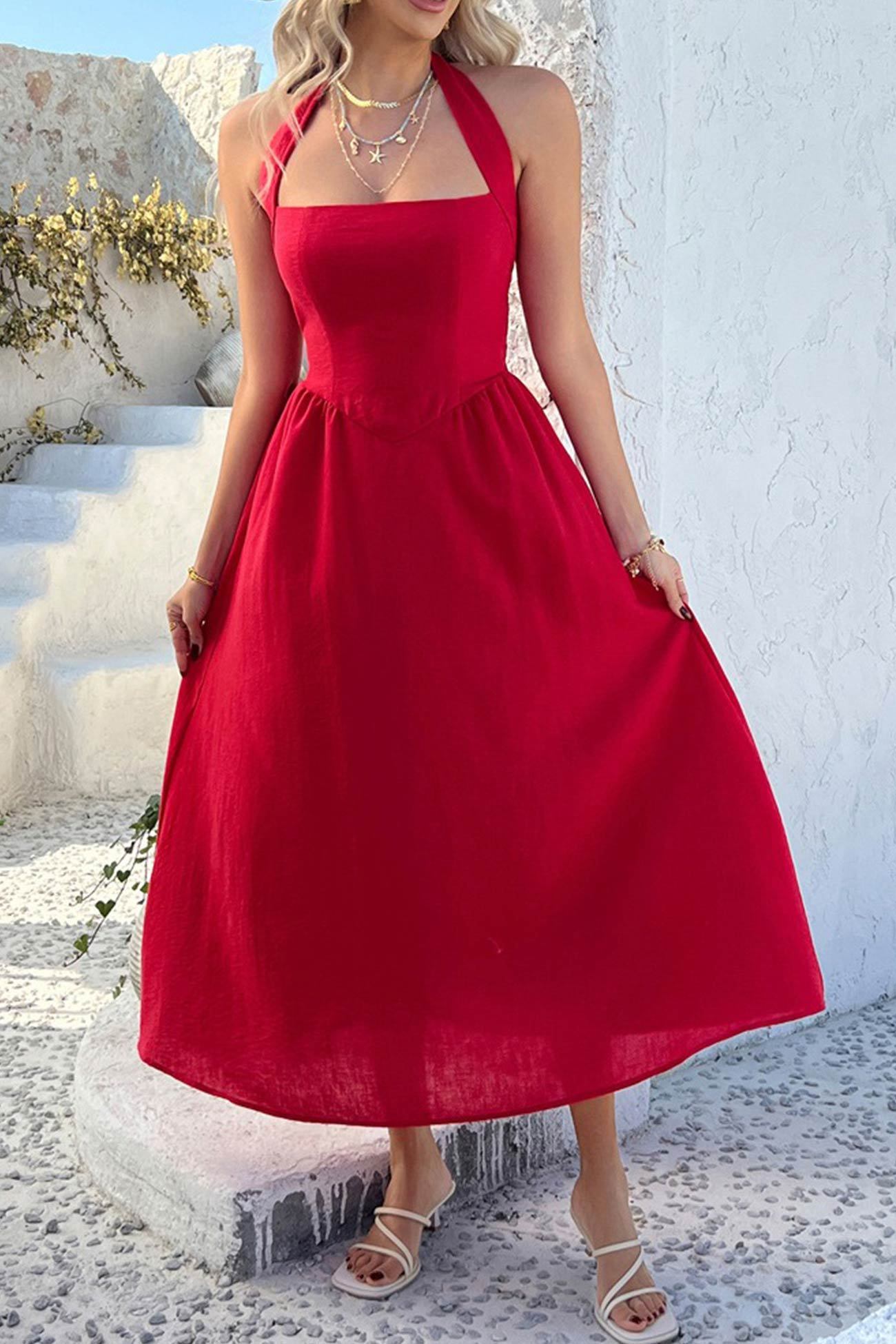 Halter Square Neck High Waist Midi Dress