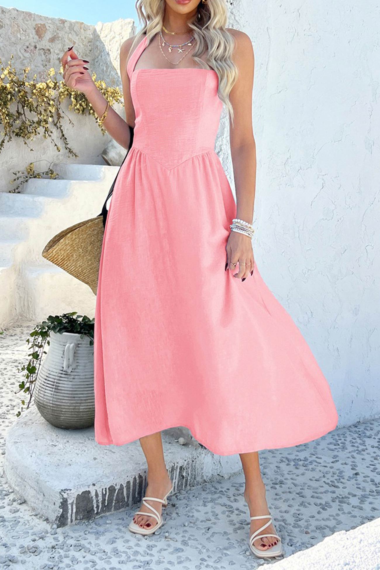Halter Square Neck High Waist Midi Dress
