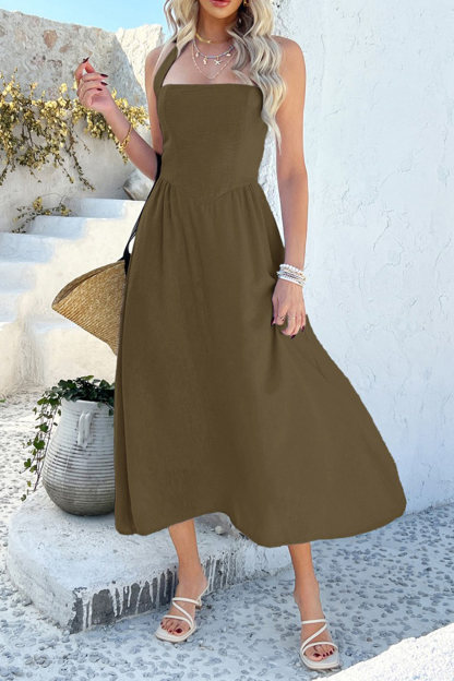 Halter Square Neck High Waist Midi Dress