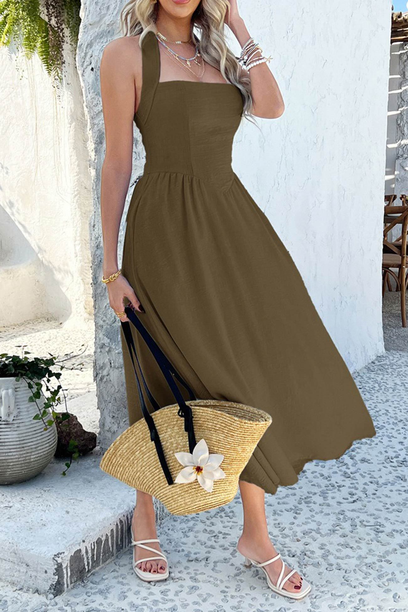 Halter Square Neck High Waist Midi Dress
