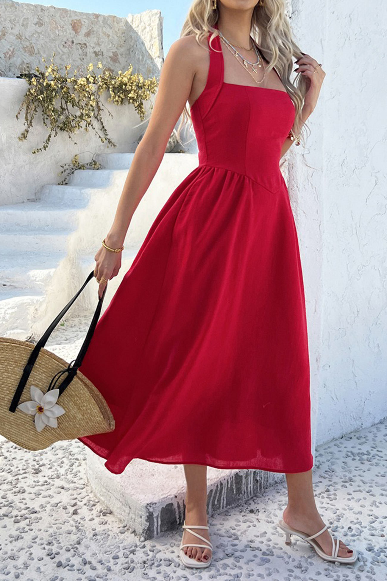 Halter Square Neck High Waist Midi Dress
