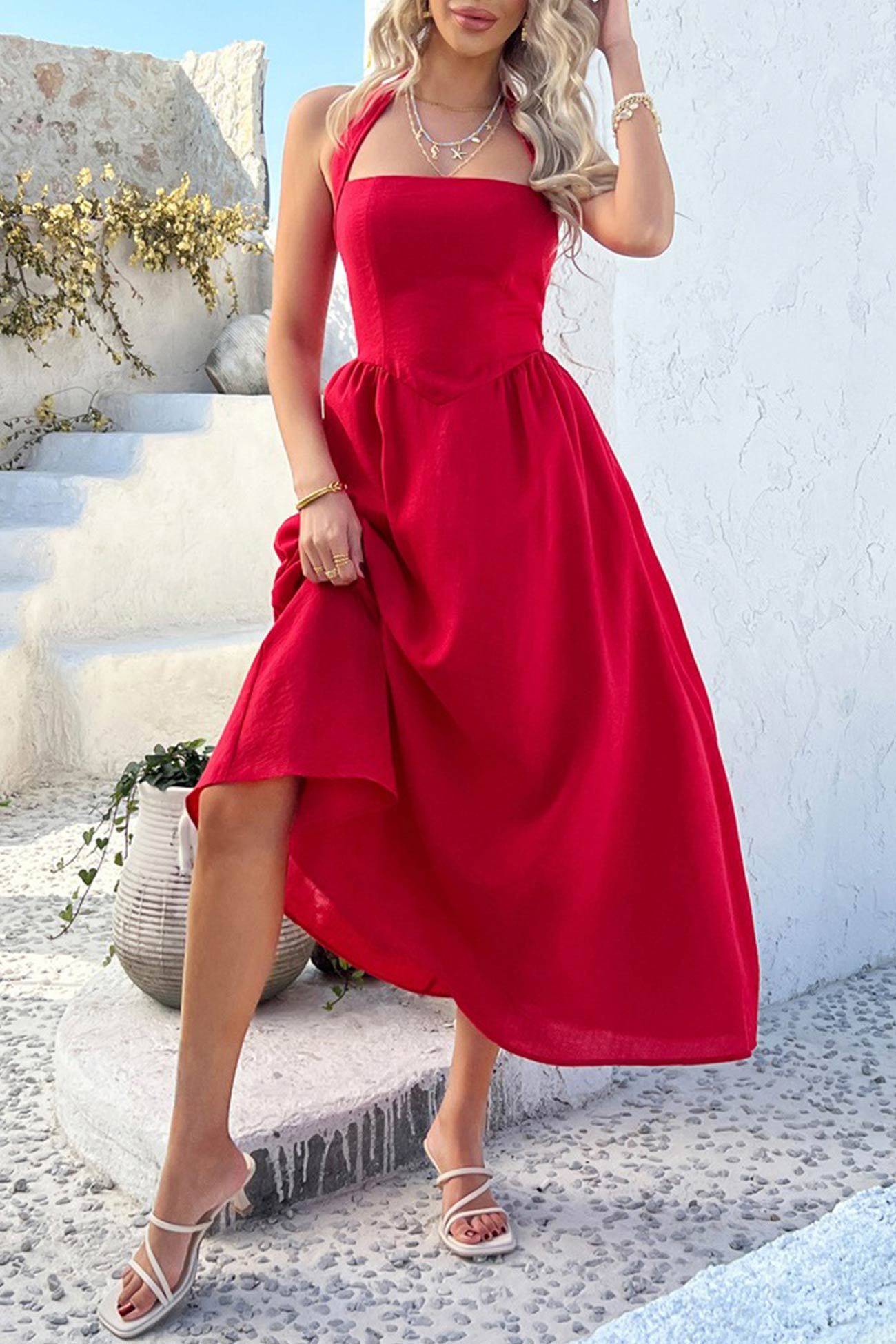 Halter Square Neck High Waist Midi Dress
