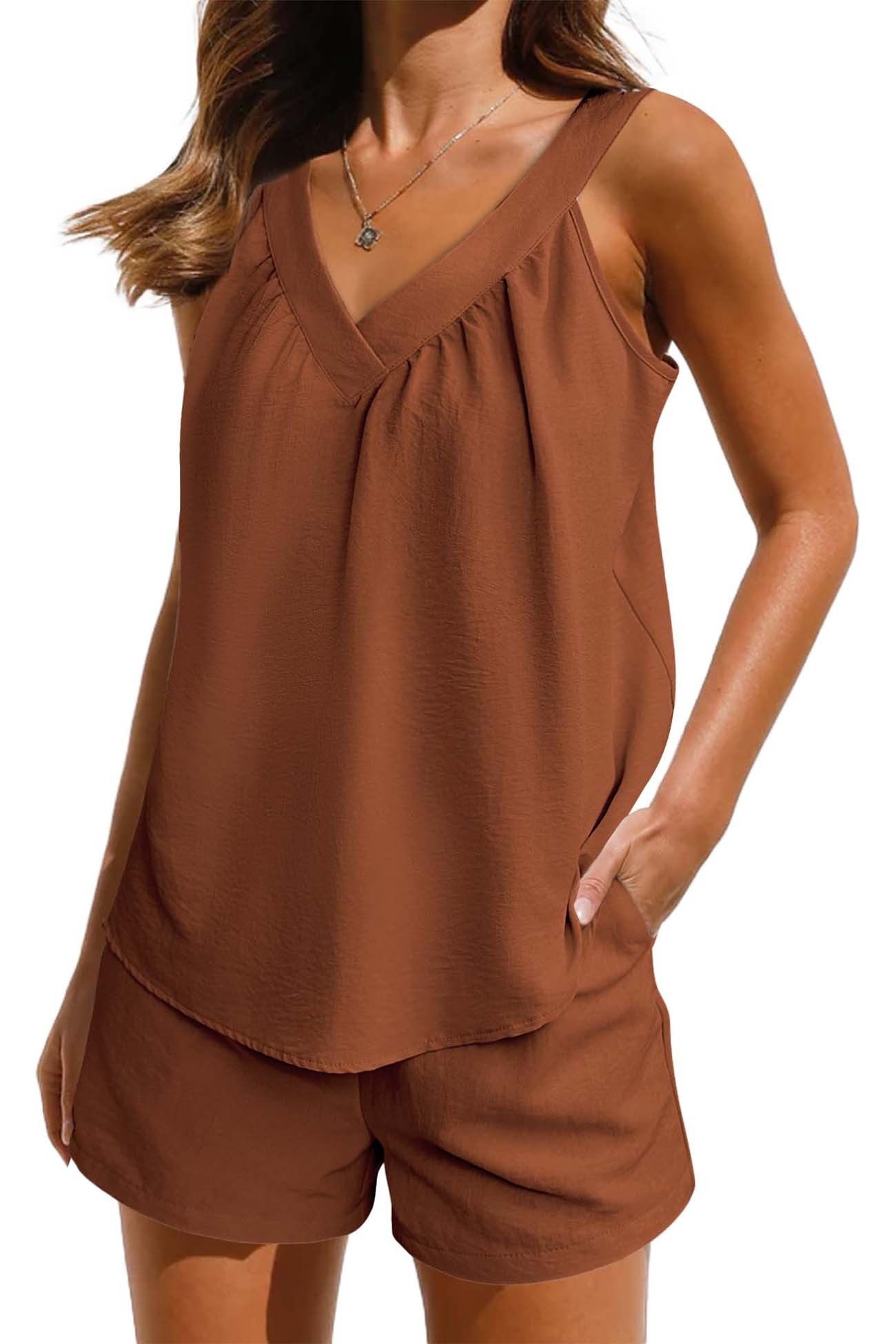 Halter V Neck Tank Tops Shorts Two-piece Set