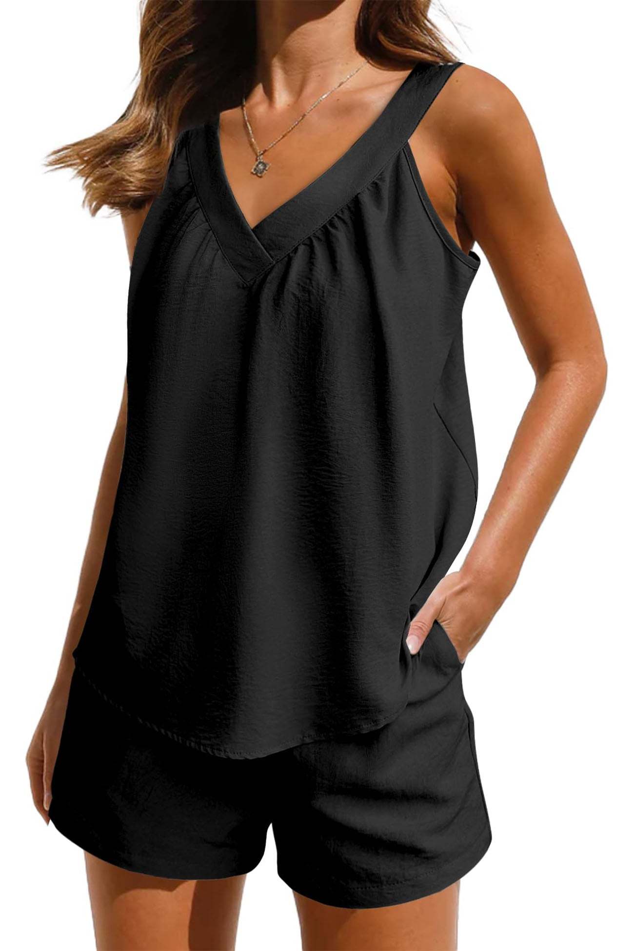 Halter V Neck Tank Tops Shorts Two-piece Set