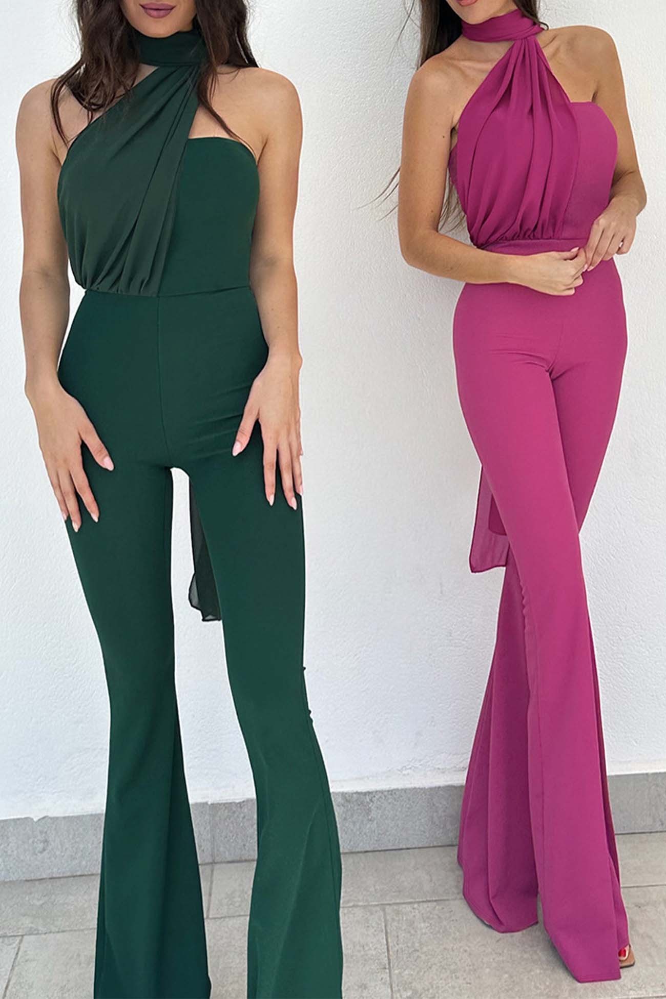 Chocker Neck Ribbon Flared Jumpsuits