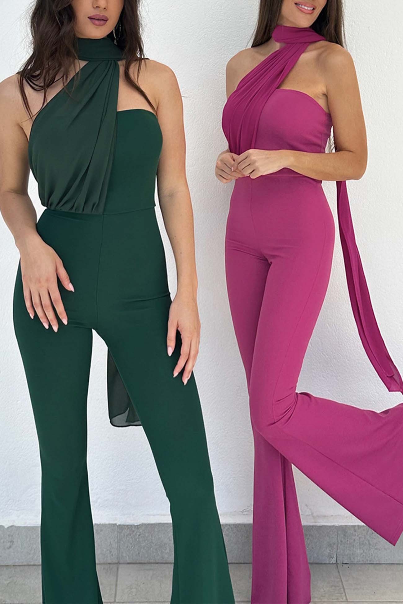 Chocker Neck Ribbon Flared Jumpsuits