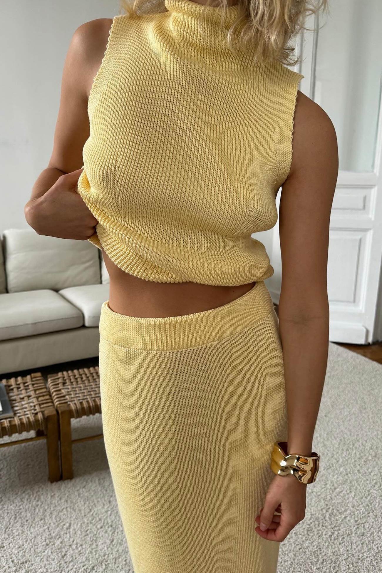 High Neck Knit Vest Midi Skirt Set