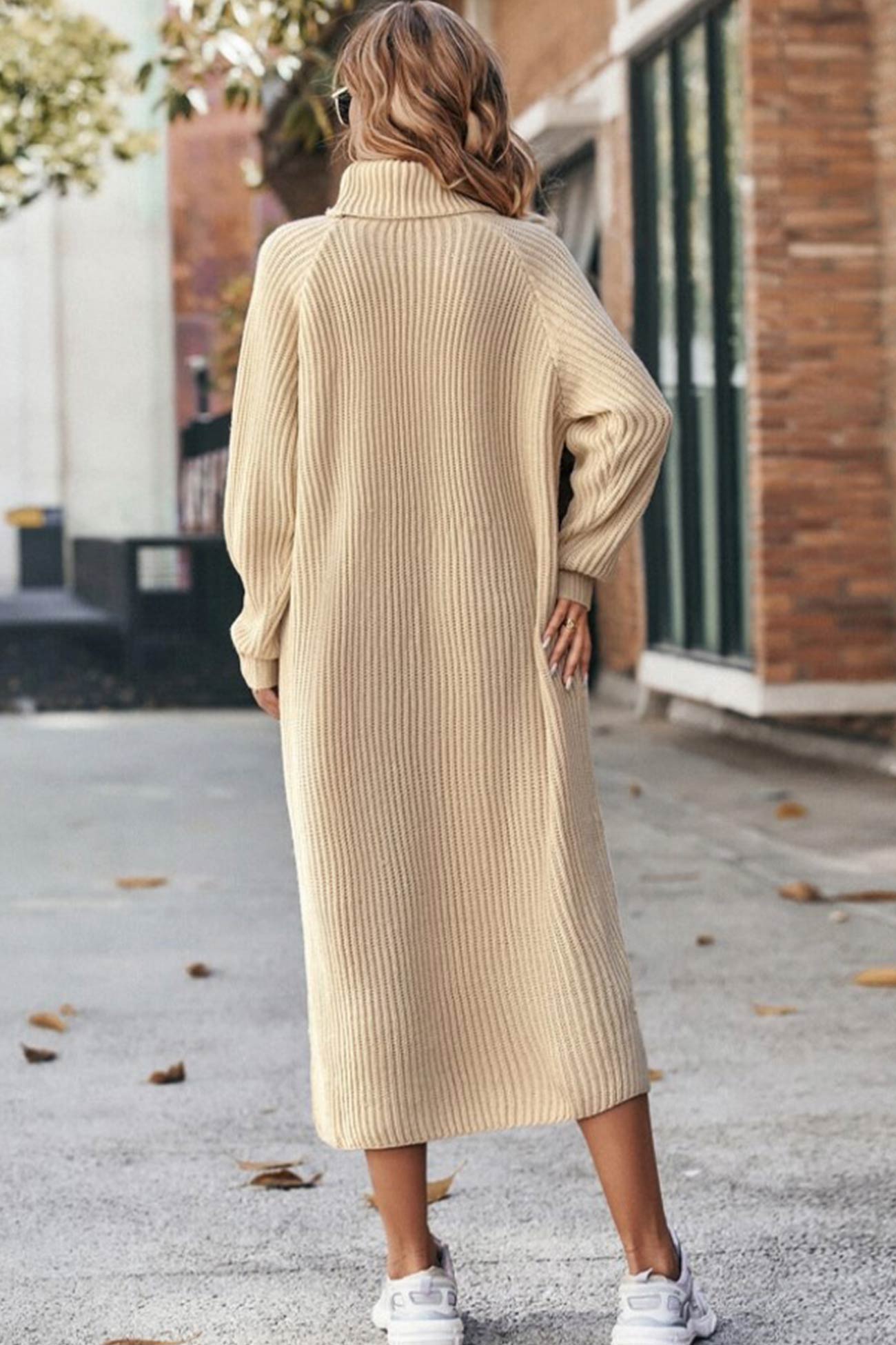 High Neck Ribbed Knit Sweater Dress