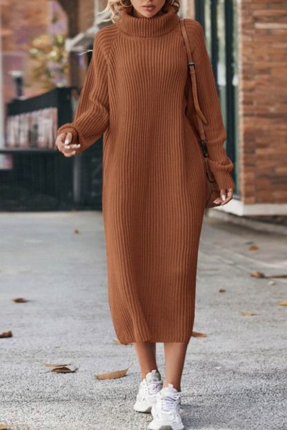 High Neck Ribbed Knit Sweater Dress