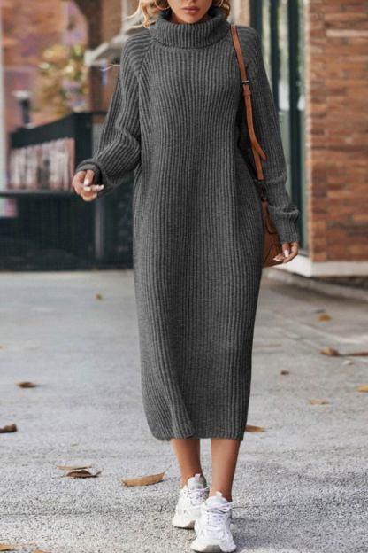 High Neck Ribbed Knit Sweater Dress