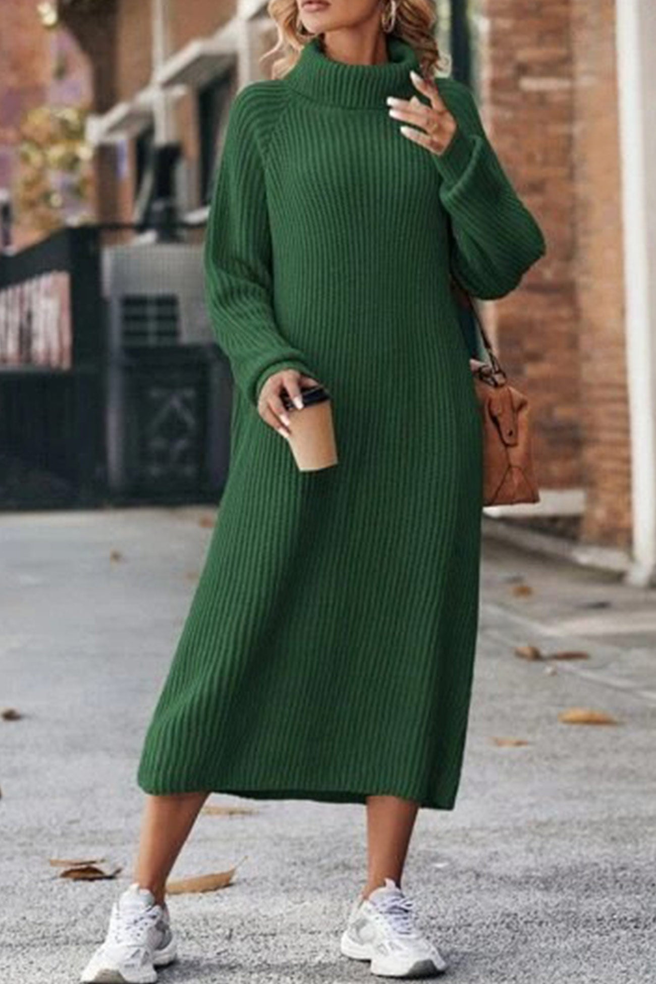 High Neck Ribbed Knit Sweater Dress