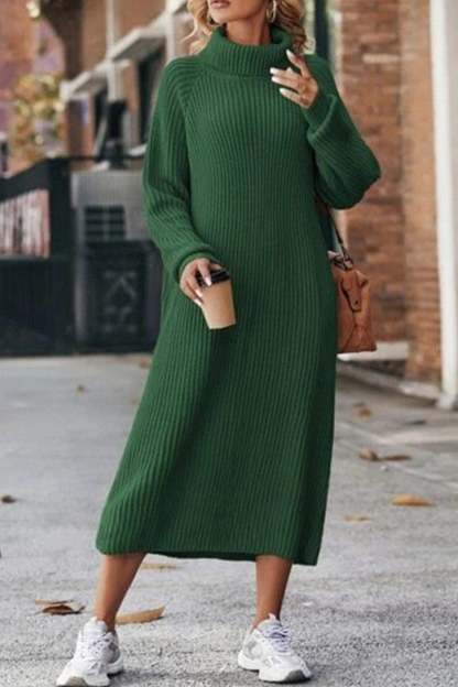 High Neck Ribbed Knit Sweater Dress