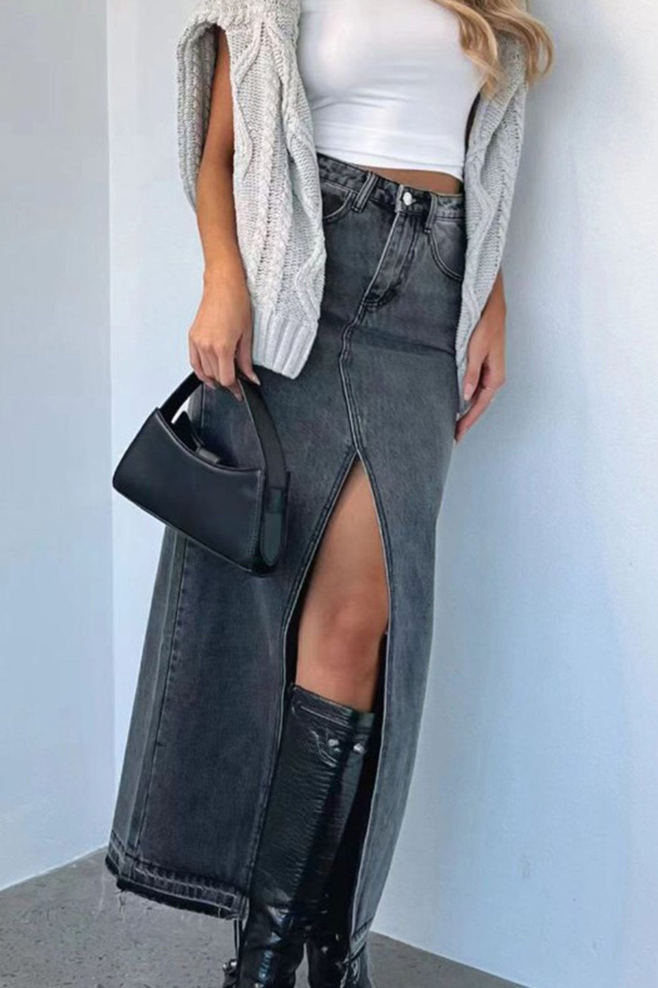 High Rise Slit Front Denim Skirt – arolora