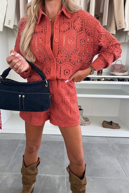 Lace Long Sleeve Blouse Two-piece Shorts Set