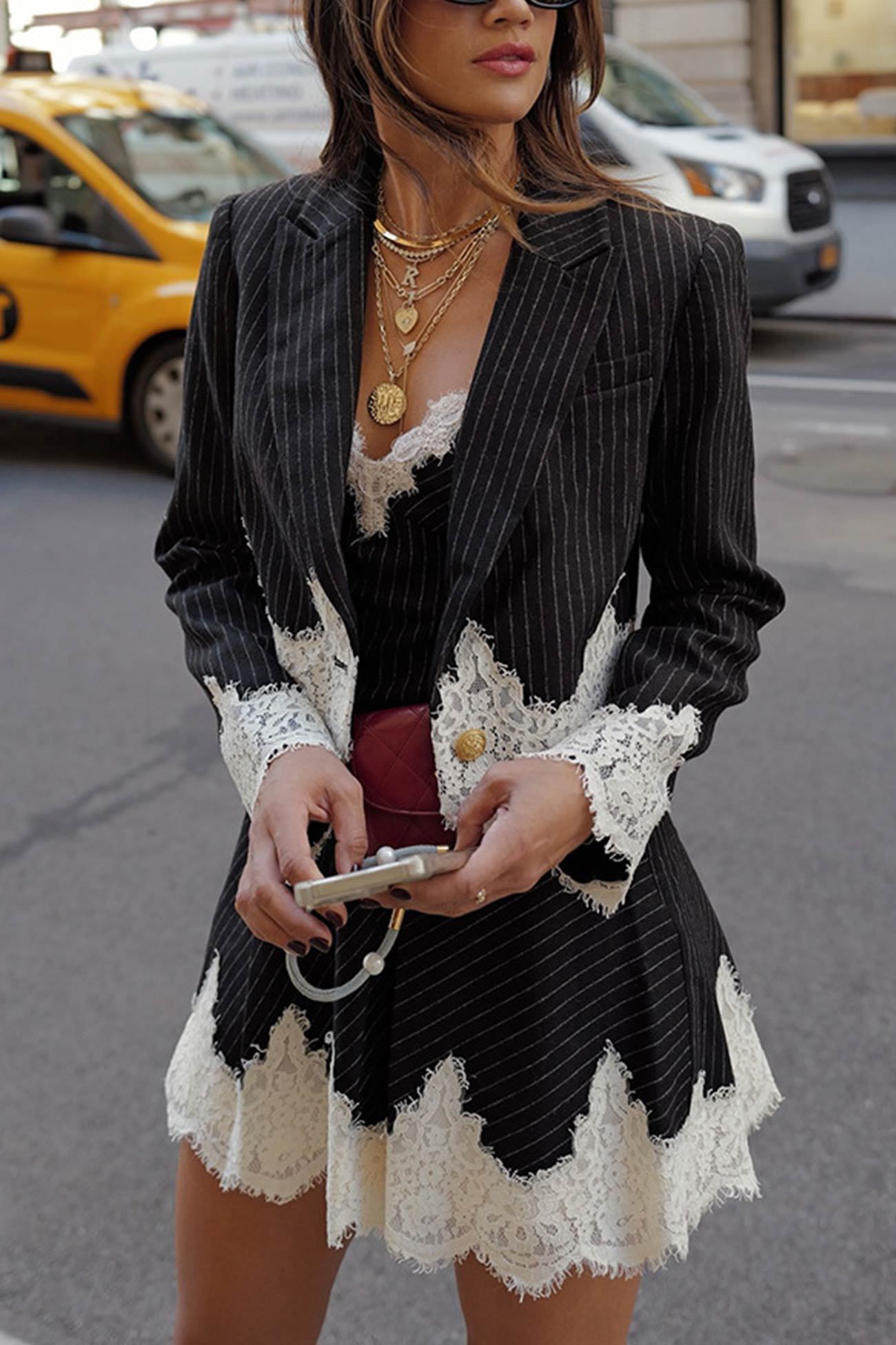 Lace Patchwork Striped Cami Dress Blazer Two-piece Outfits