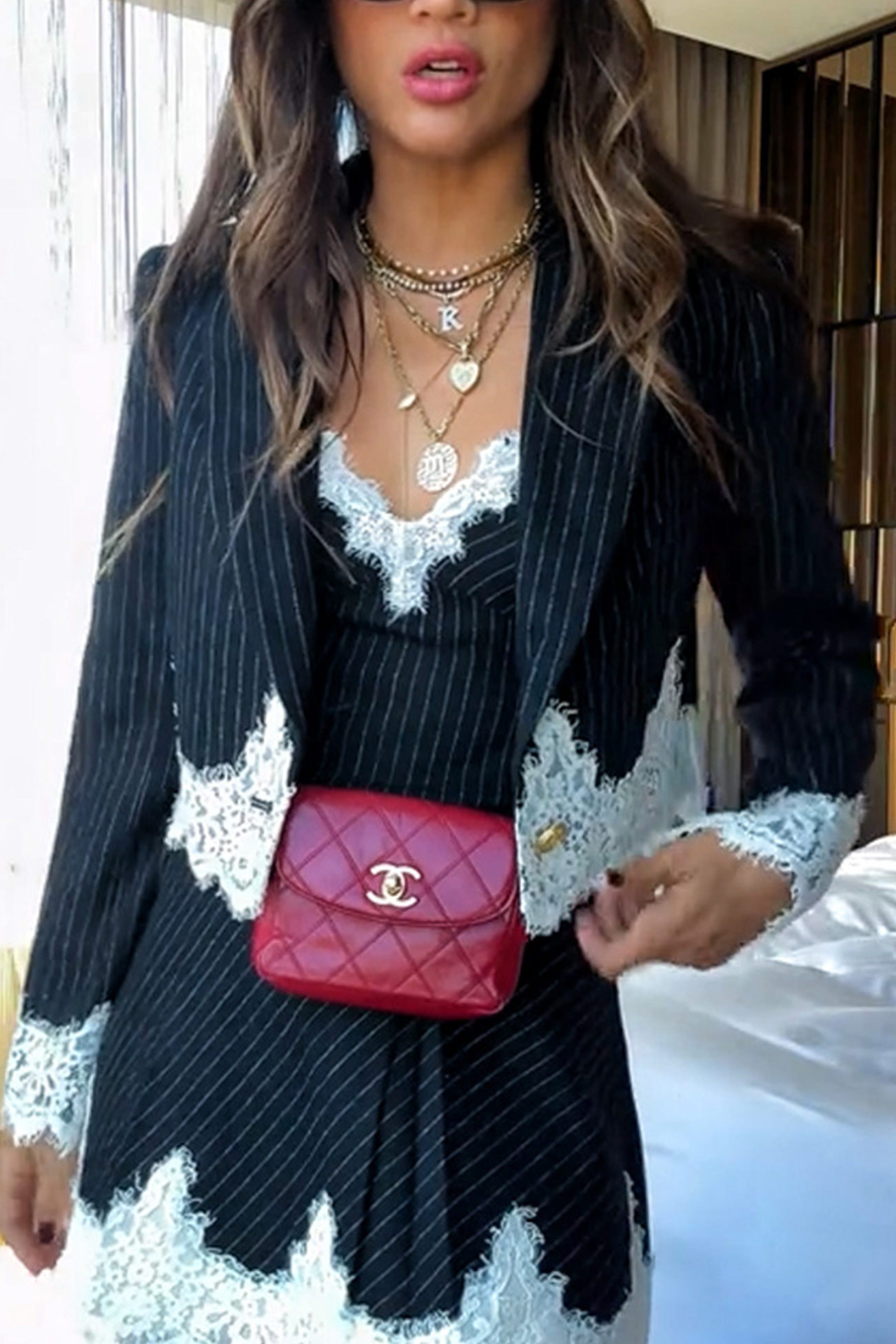 Lace Patchwork Striped Cami Dress Blazer Two-piece Outfits