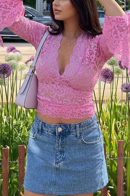 Lace V Neck Flares Sleeve Tops