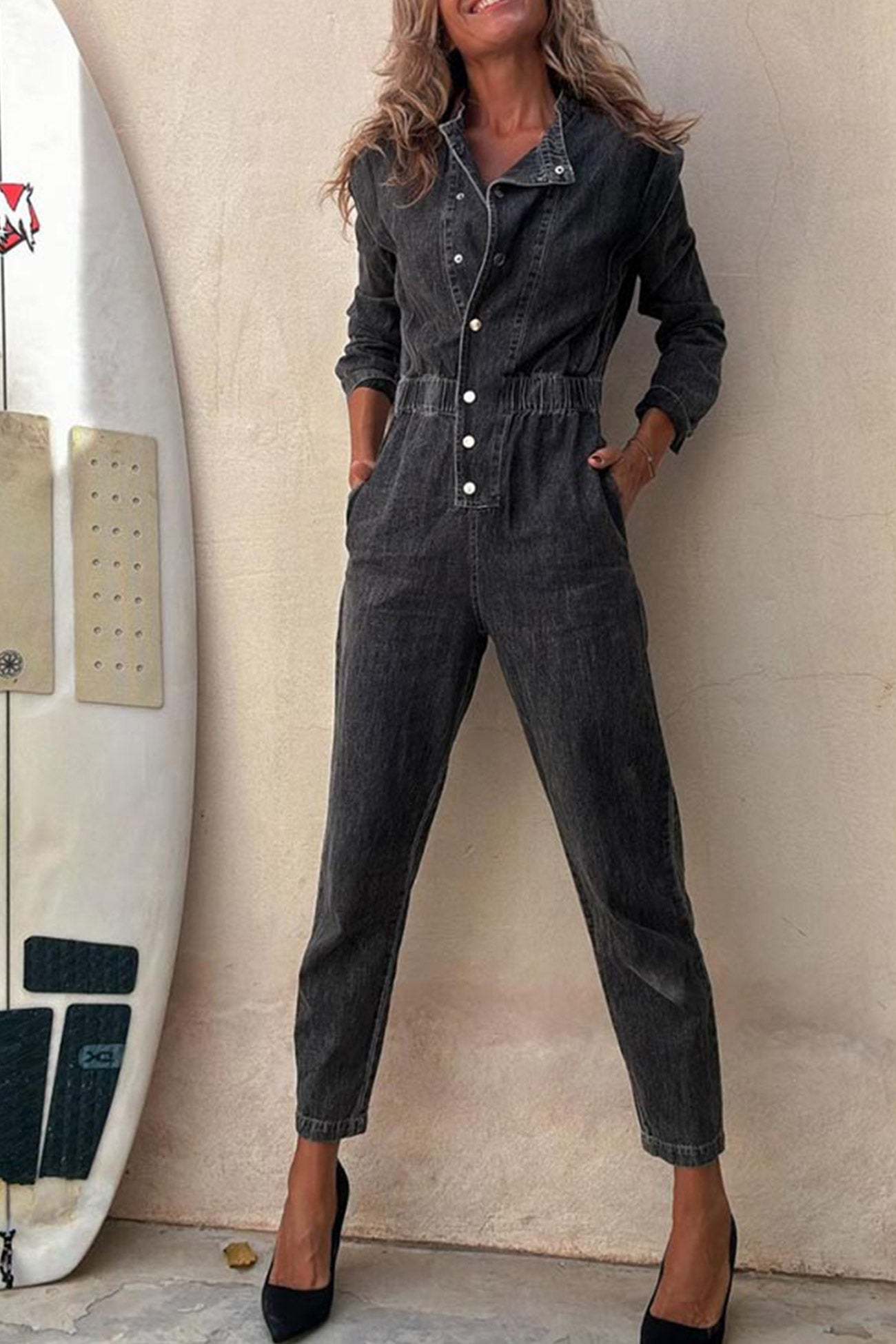 Lapel Button-down Elastic Waist Denim Jumpsuits