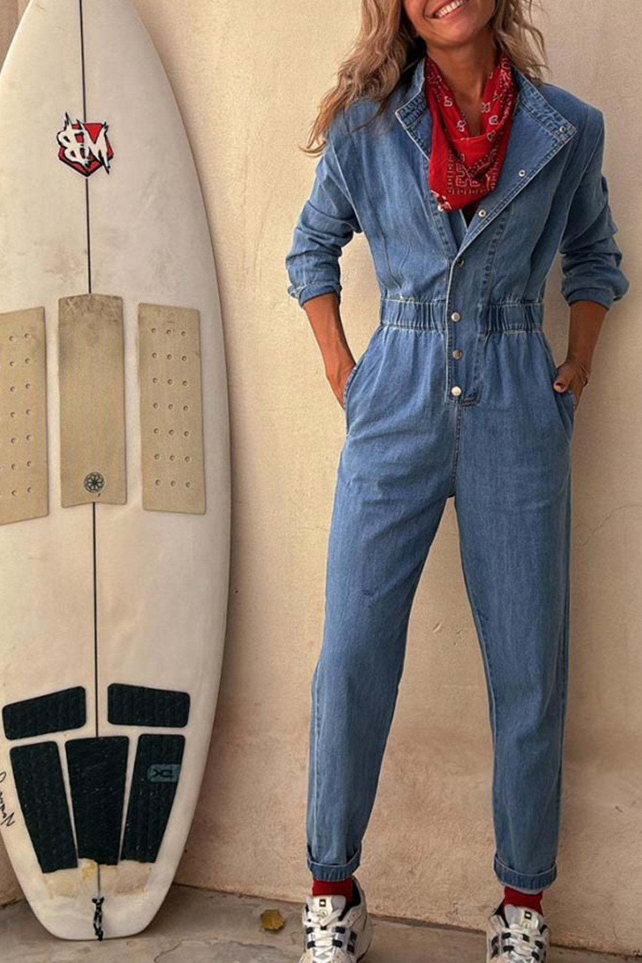 Lapel Button-down Elastic Waist Denim Jumpsuits