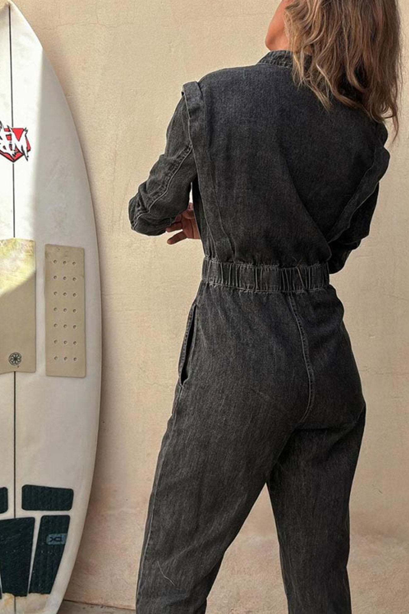 Lapel Button-down Elastic Waist Denim Jumpsuits